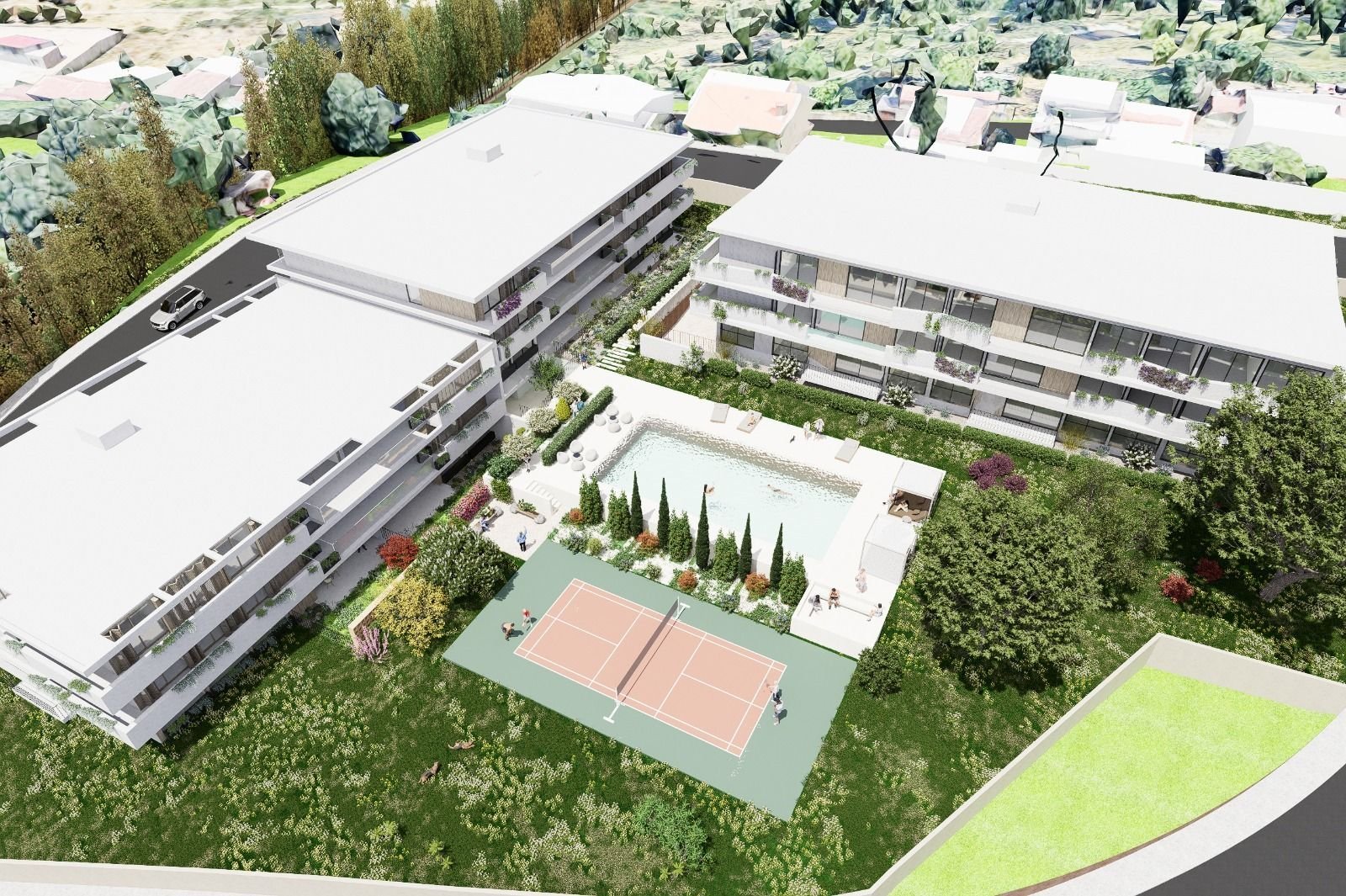 Vista aérea do conjunto, com a piscina e o campo de padel