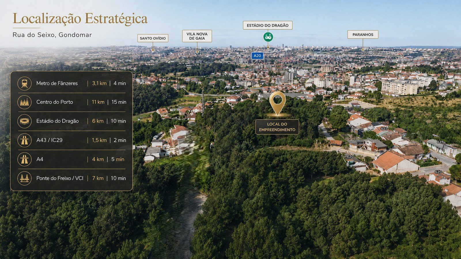 Vista aérea da zona, com a localização do empreendimento e os pontos de referência do Porto