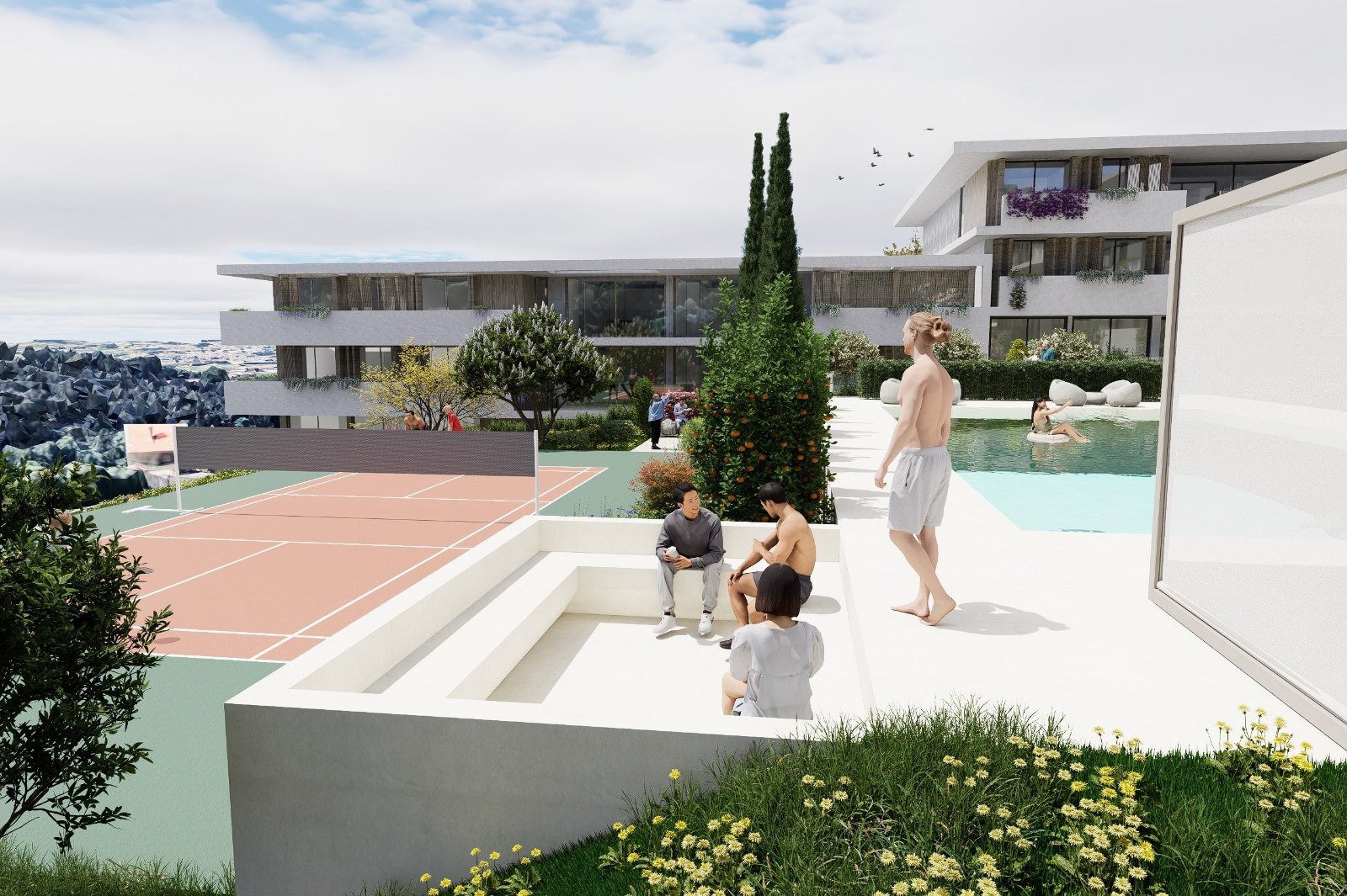 Zona de estar em pedra junto à piscina