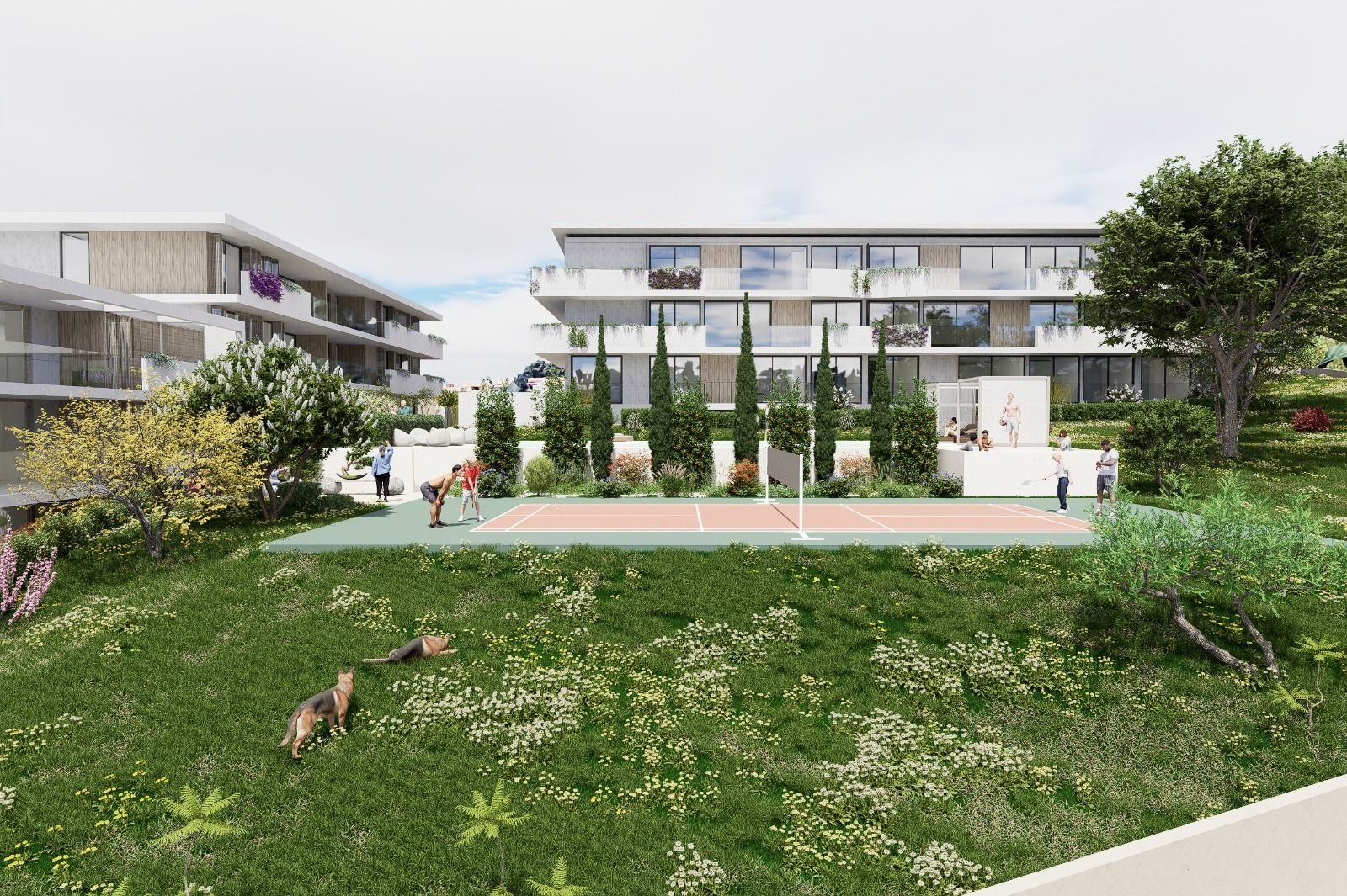 Campo de padel entre a relva e os edifícios