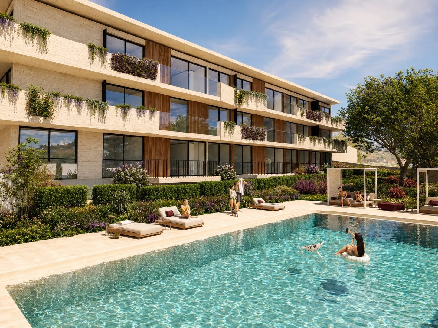 Fachada sobre a piscina, com espreguiçadeiras e jardins