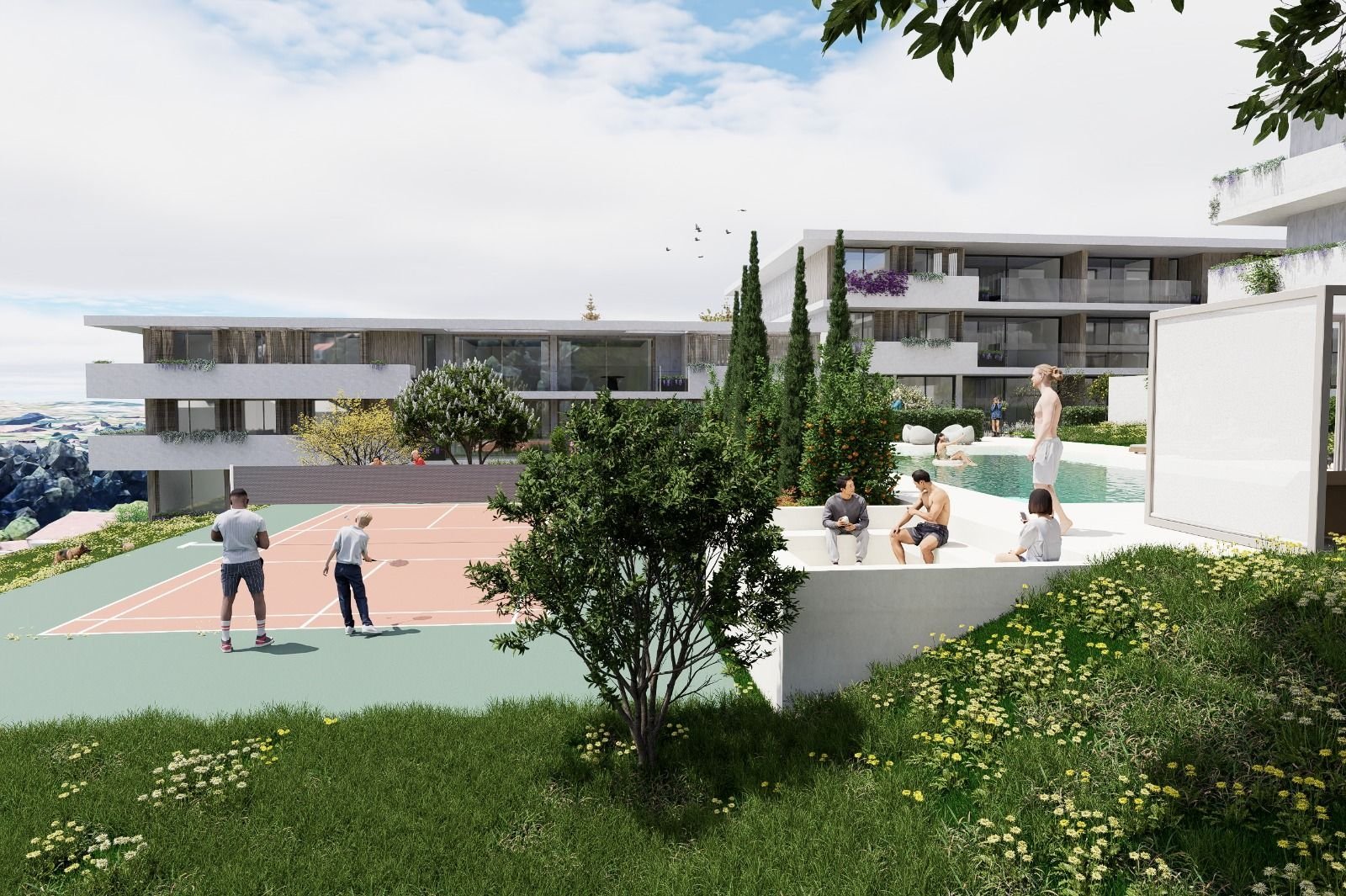 Piscina exterior com deck e zona de estar, ao fim da tarde