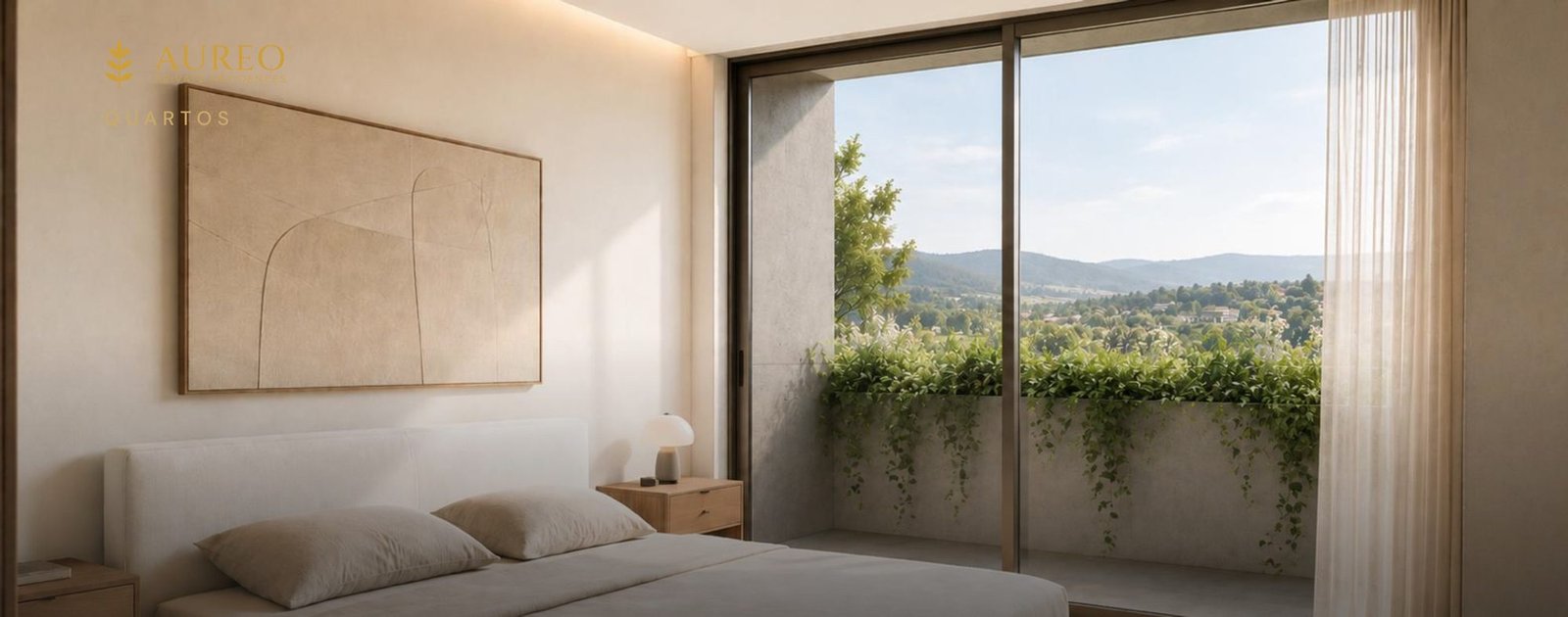 Quarto com janela de pé-direito completo sobre a paisagem
