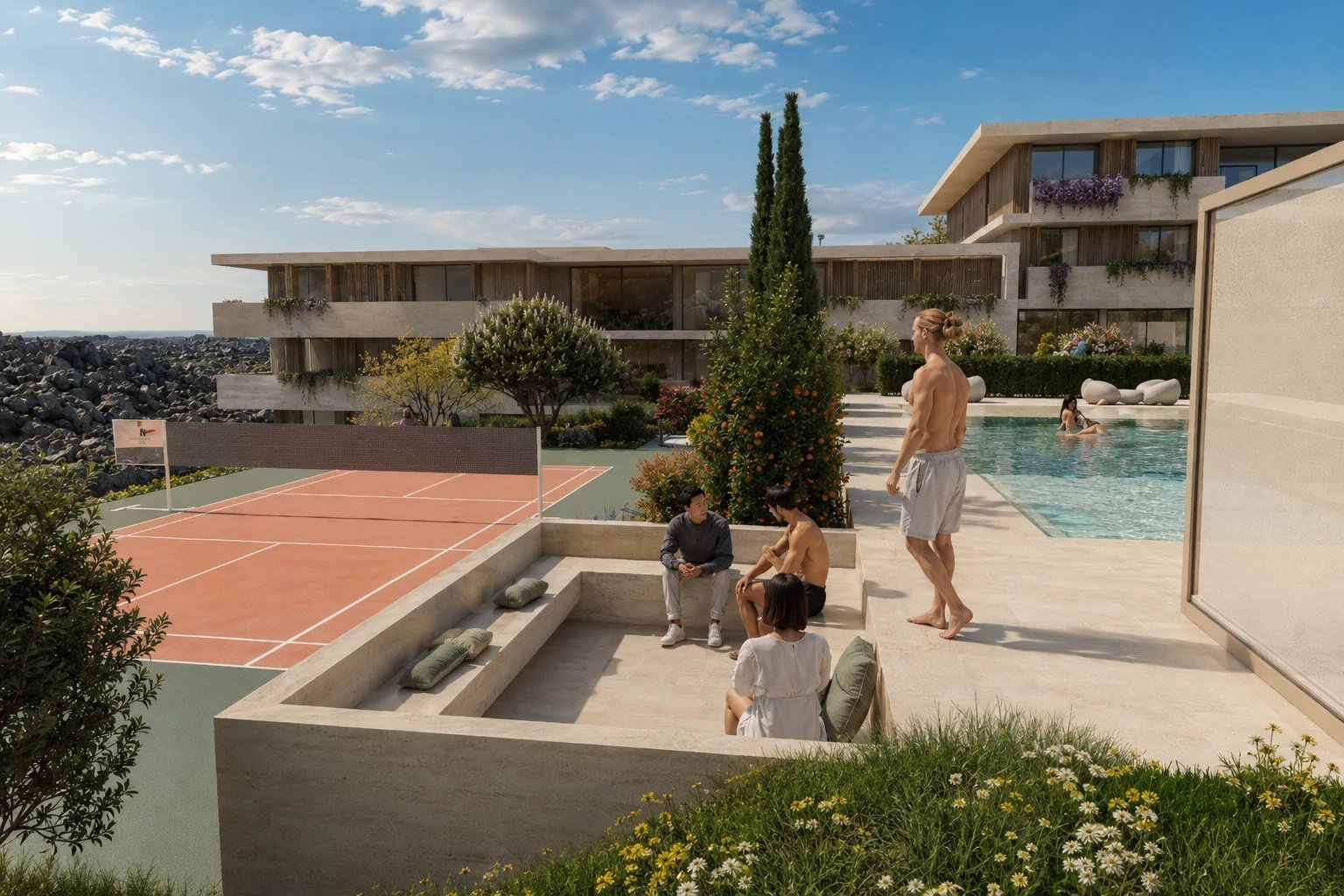 Piscina e campo de padel vistos do jardim