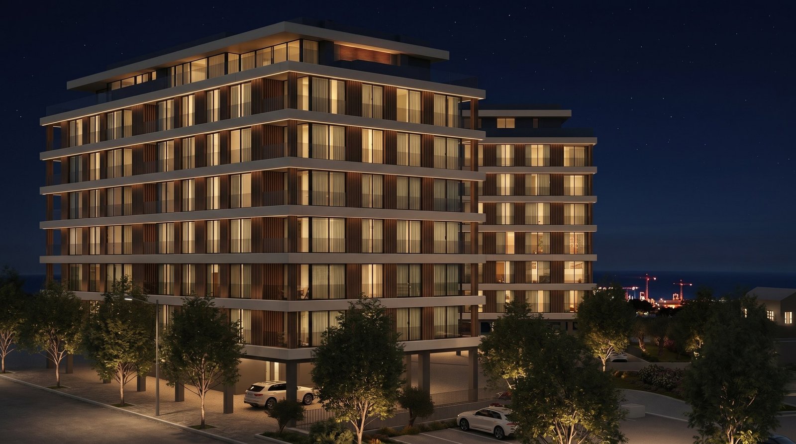 D'Ouro Mar Towers ao anoitecer, Vila Nova de Gaia